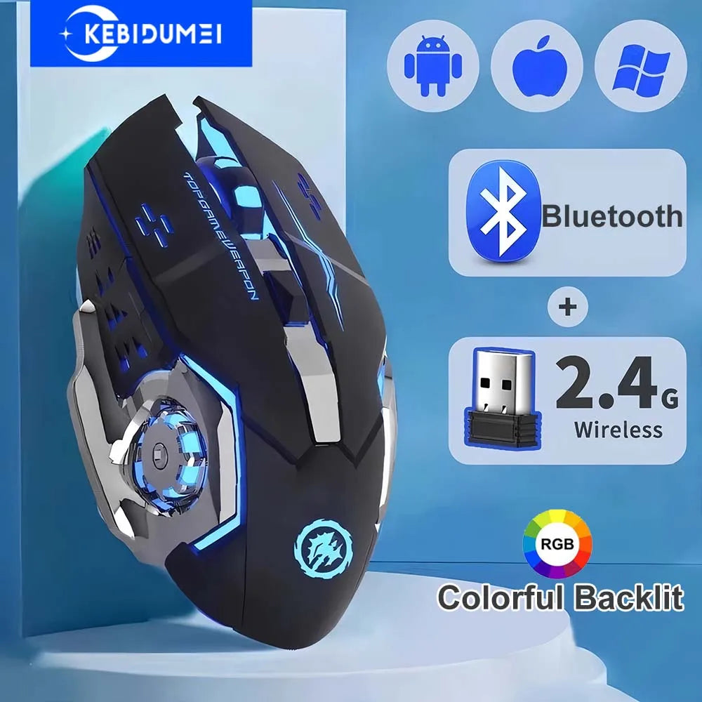Ratón inalámbrico de 2,4G con Bluetooth, ratón retroiluminado RGB para juegos, ratón recargable, ratón silencioso de 3600 DPI para Macbook y portátil