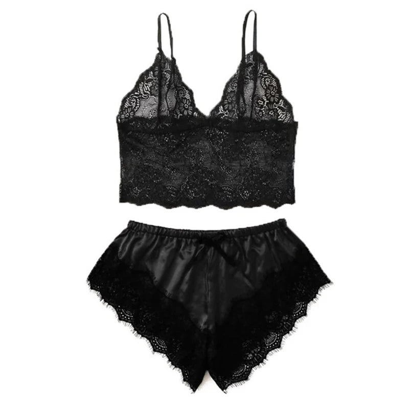 Pijama negro Sexy para mujer, Tops con tirantes de seda y encaje de 4 piezas, pantalones cortos, bata, conjunto de pijama, camisón, ropa interior, traje