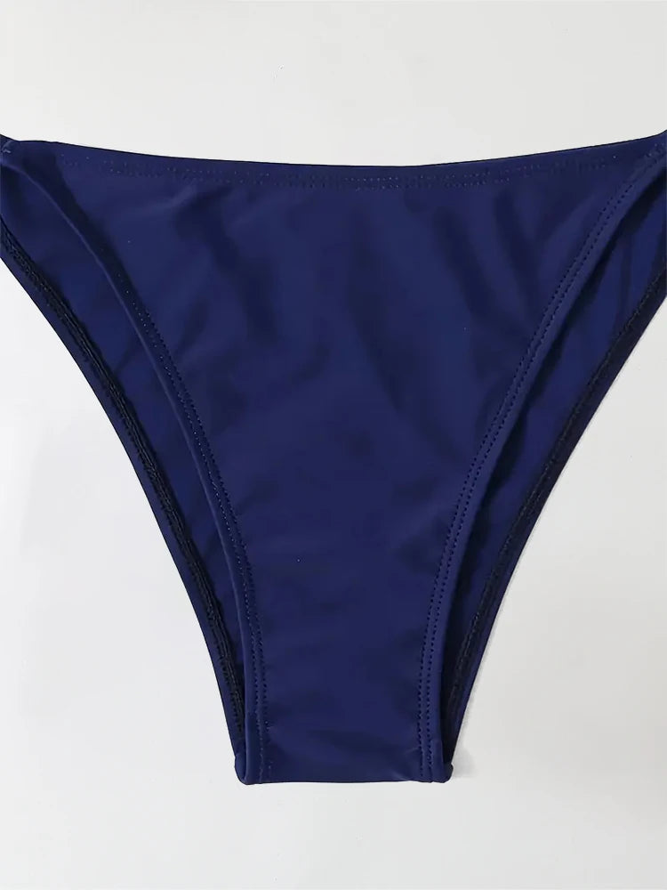 Conjunto de Bikini con Tanga para mujer, traje de baño Sexy de color azul marino, trajes de baño sexys, Bikinis con vendaje triangular, ropa de playa femenina 2 uds.