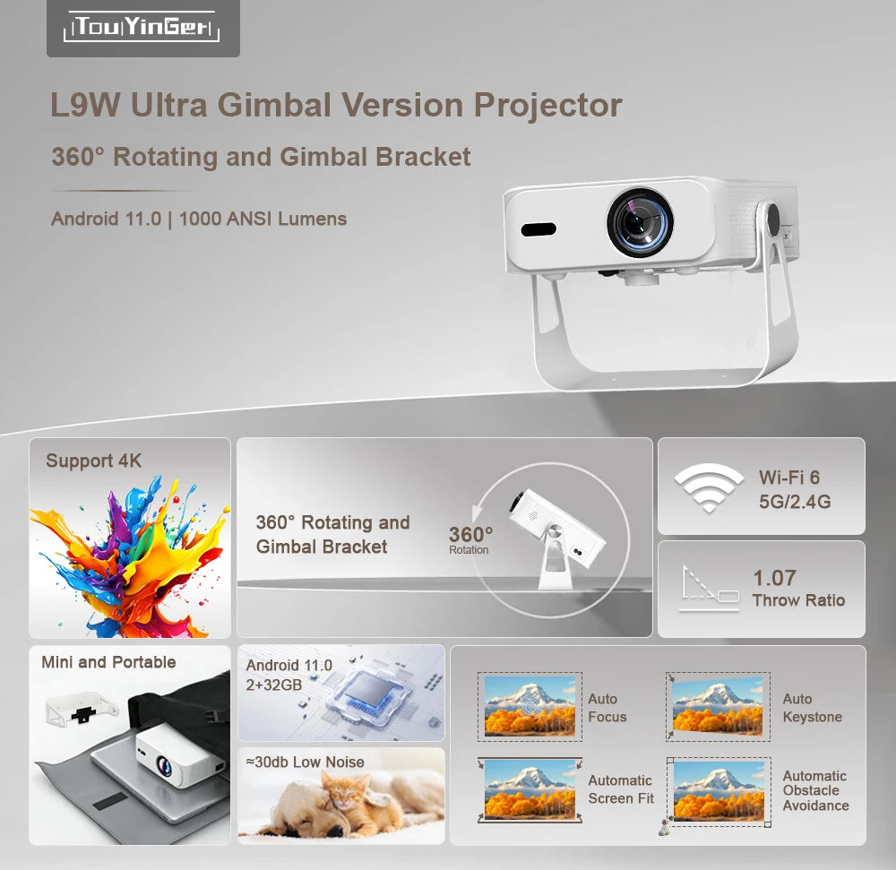 Mini proyector Touyinger L9W Ultra, Full HD, enfoque automático y soporte gimbal