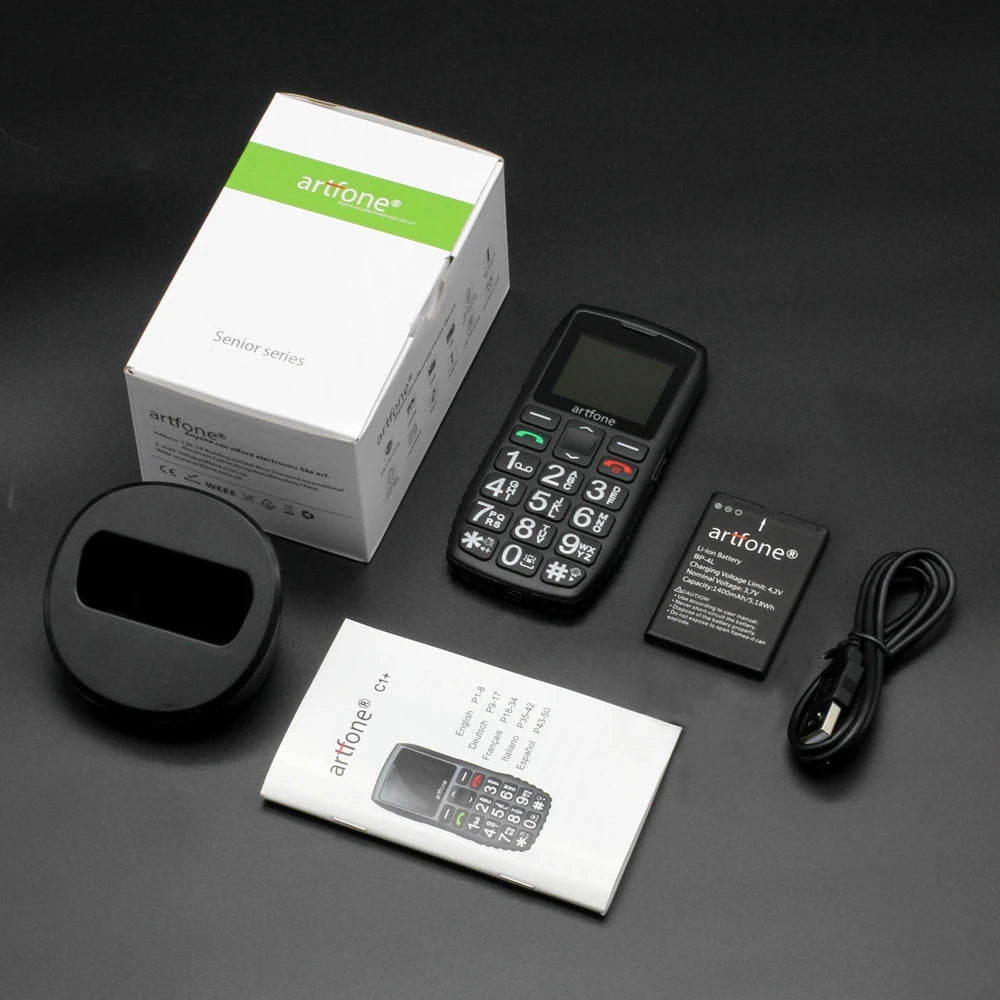Teléfono móvil para personas mayores Artfone C1+ con base de carga gratuita, teclado grande de goma, para personas mayores, doble SIM, botón SOS, FM, 1400 mAh