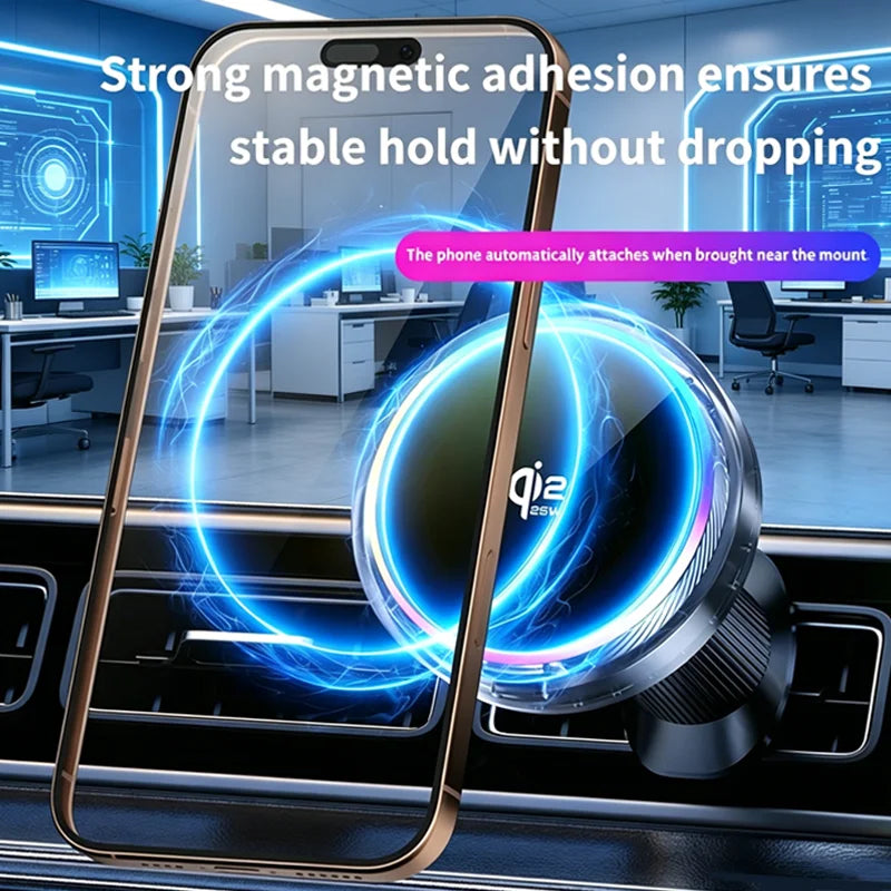 Soporte Magnético para Teléfono con Cargador Inalámbrico Qi2 de 25W, Refrigeración por Aire y Luz RGB, para iPhone Magsafe 17~12 Pro Max, Base de Carga Rápida