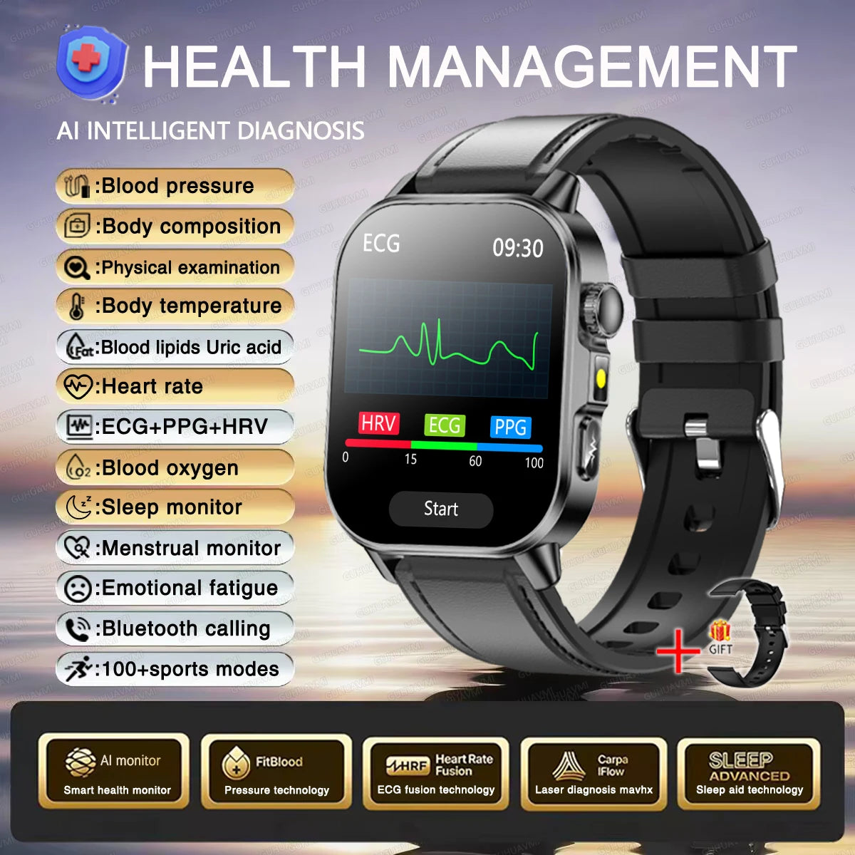 Reloj Inteligente con Diagnóstico ECG, Oxígeno en Sangre y Pantalla AMOLED