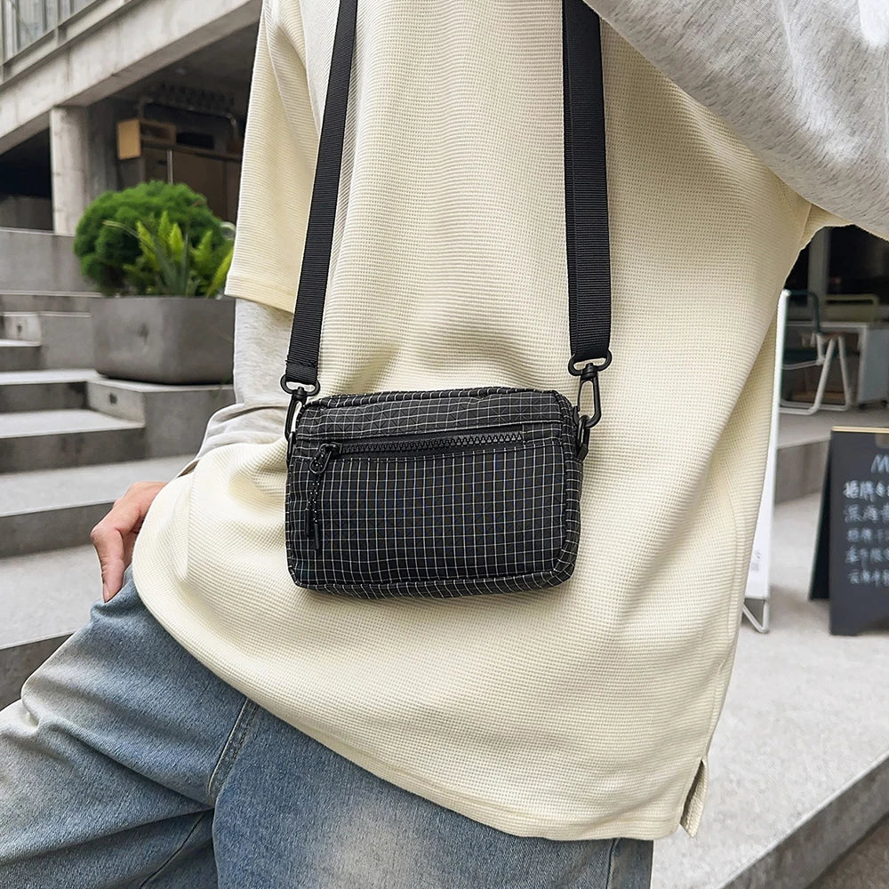 Bolso bandolera, bolso de hombro con diseño de cuadros, bolso bandolera ligero de nailon con correa ajustable, para uso diario, viajes, hombres, mujeres