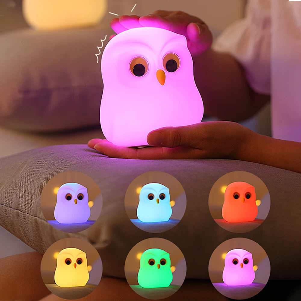 Luz nocturna de búho, bonita lámpara de noche de silicona, lámpara de ambiente RGB recargable, decoración de habitación, Animal divertido, regalo de luz nocturna para niños