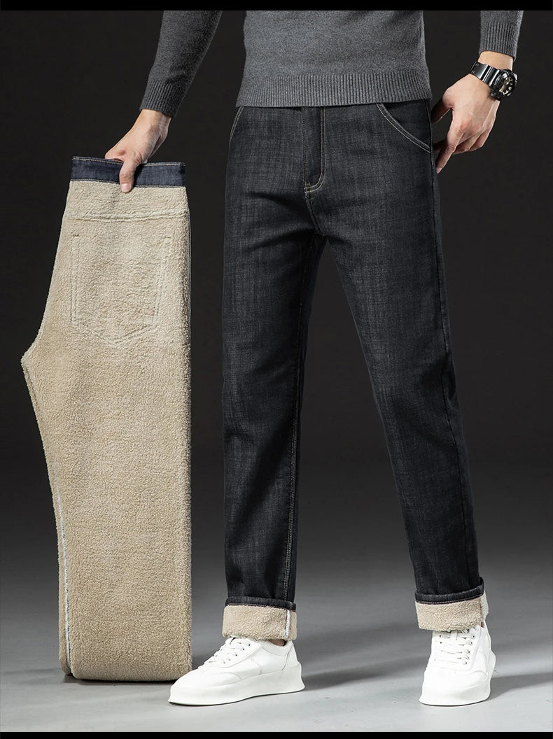 Pantalones Vaqueros de Invierno para Hombre, Forro de Cordero, Talla Grande