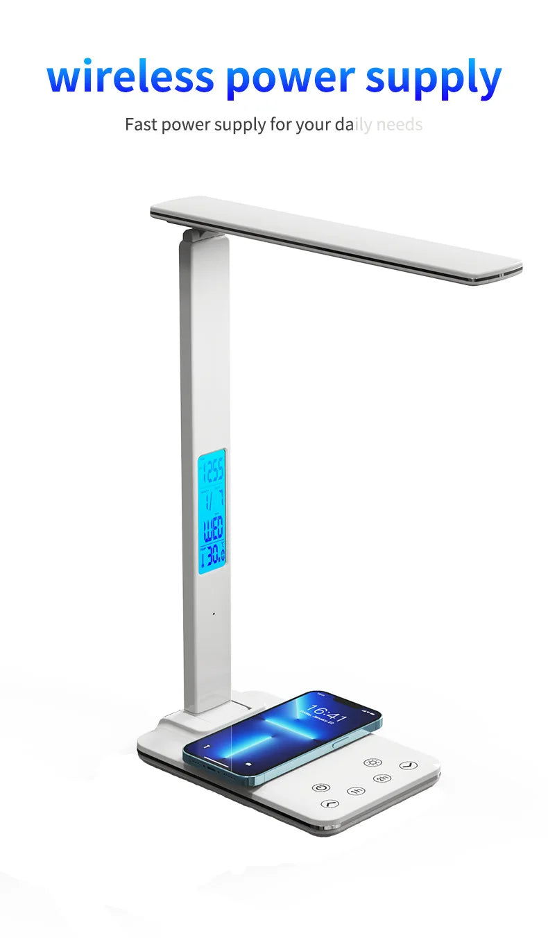 Lámpara de escritorio de lectura plegable, luz de escritorio enchufable USB, 15W, carga inalámbrica para teléfono móvil con tiempo, dormitorio, oficina, protección ocular