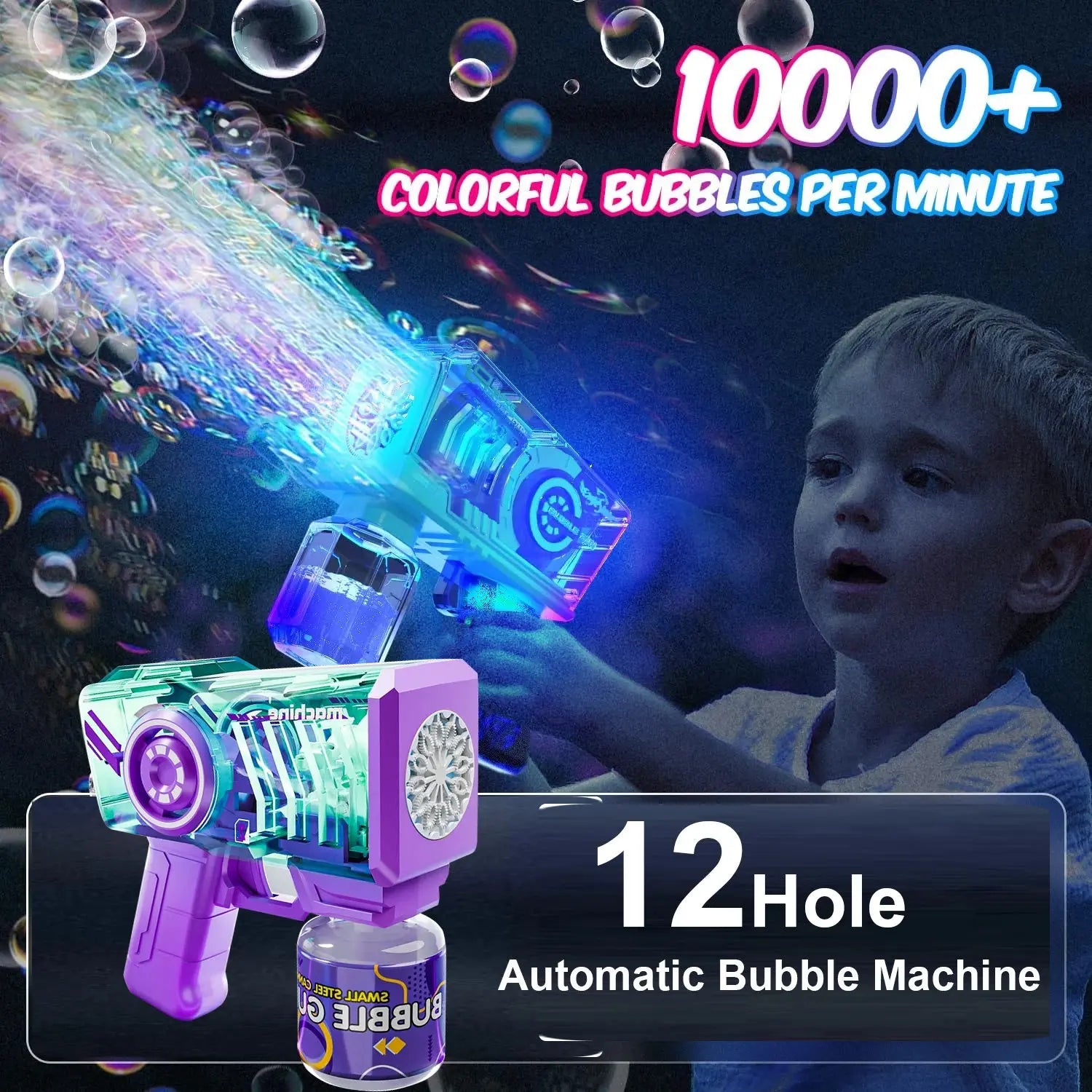 Pistola de Burbujas Eléctrica 12 Orificios con Luz LED