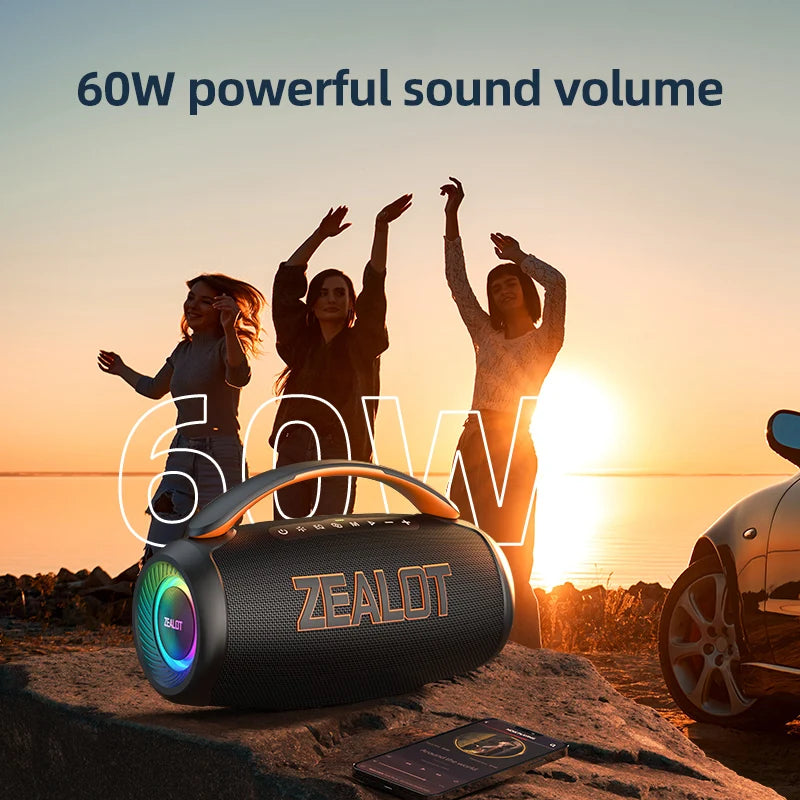 Altavoz Zealot-P12 Altavoz Bluetooth portátil de 60 W con IPX6 resistente al agua, mango cómodo, iluminación controlable, TF, USB