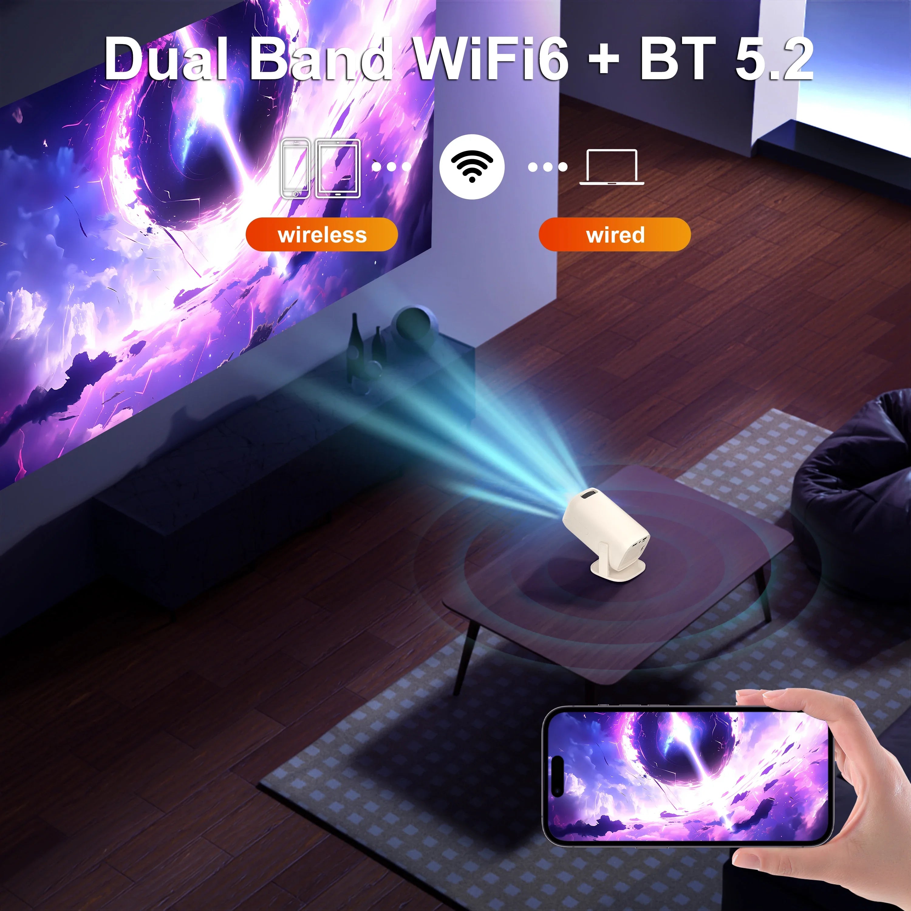 Mini proyector Android 14, decodificación 8K, WiFi6 y keystone automático