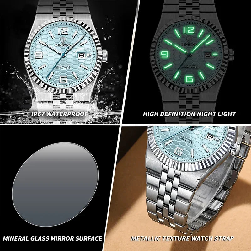 Reloj de Cuarzo BINBOND para Hombre, Esfera Luminosa, Acero Inoxidable