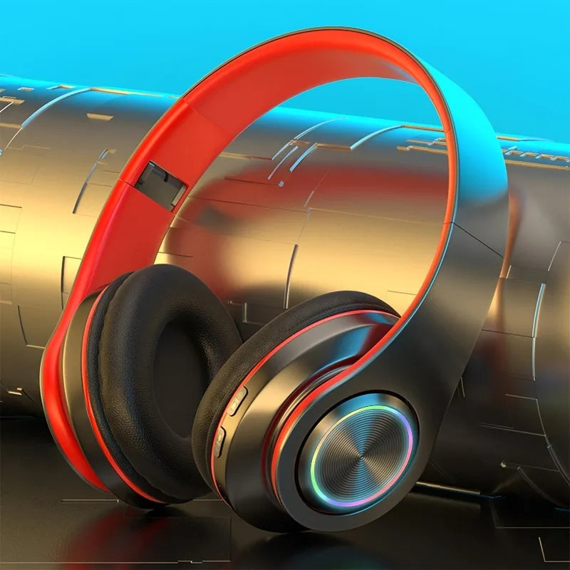 Auriculares inalámbricos sobre la oreja: cancelación activa de ruido, graves profundos, luz LED, diseño plegable portátil para música, deportes y juegos