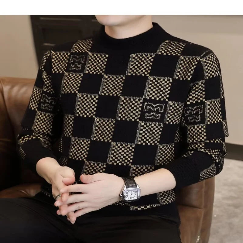 Suéter de punto jacquard a cuadros para hombre – cuello medio alto