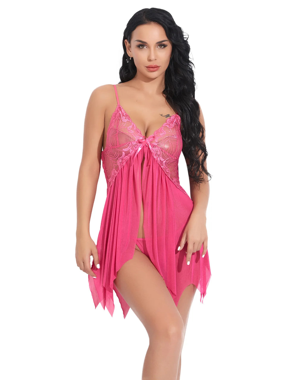 Camisón de Encaje Sexy para Mujer, Lencería Transparente con Bragas