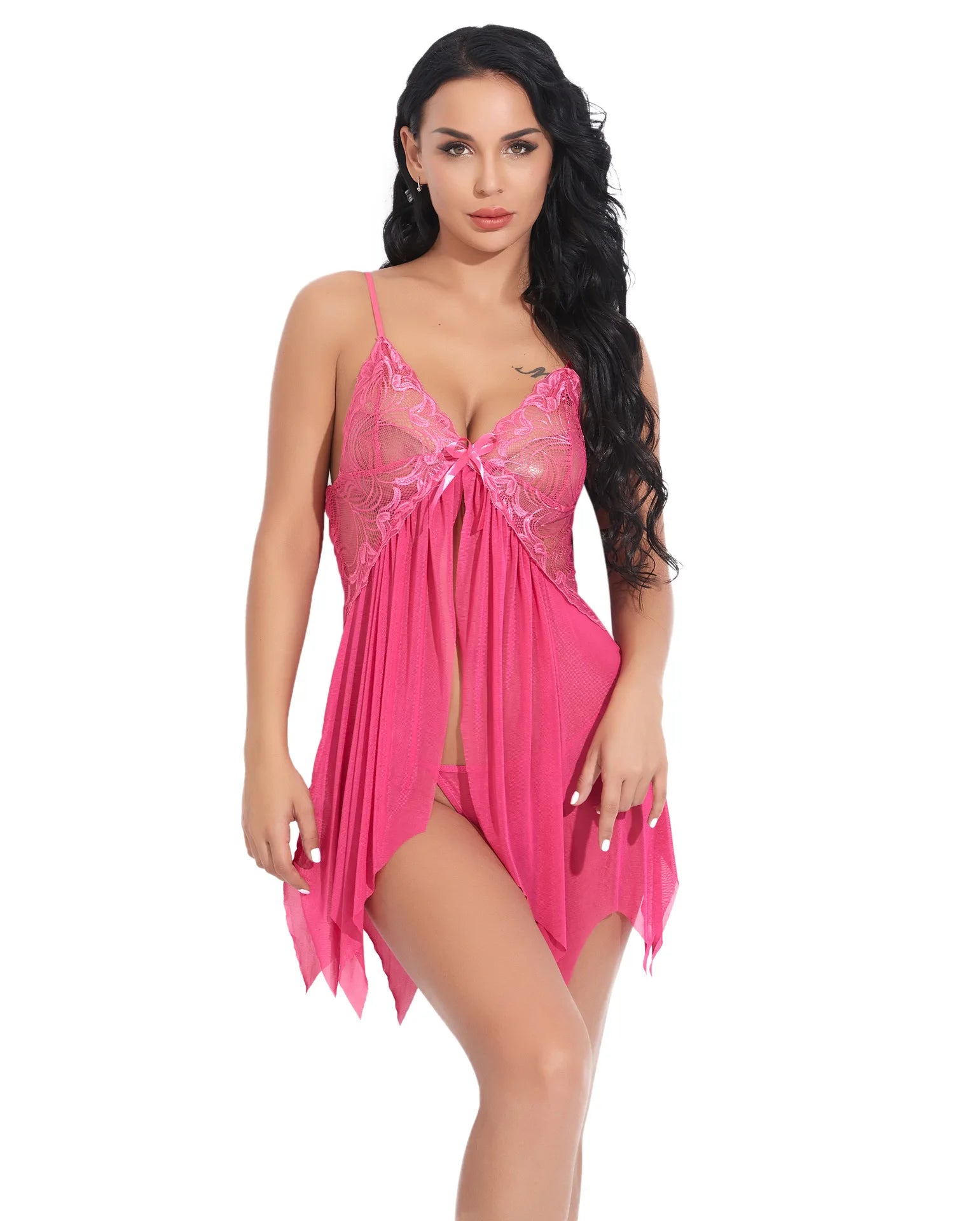 Camisón de Encaje Sexy para Mujer, Lencería Transparente con Bragas