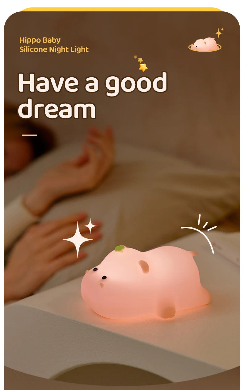 Luz nocturna de hipopótamo rosa para niños, Linda luz nocturna de silicona, carga USB, lámpara de sincronización táctil, decoración de escritorio, regalo