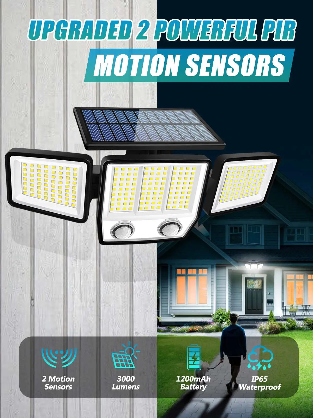 Reflector Solar 3000LM con Sensor de Movimiento PIR Dual y 3 Modos IP65