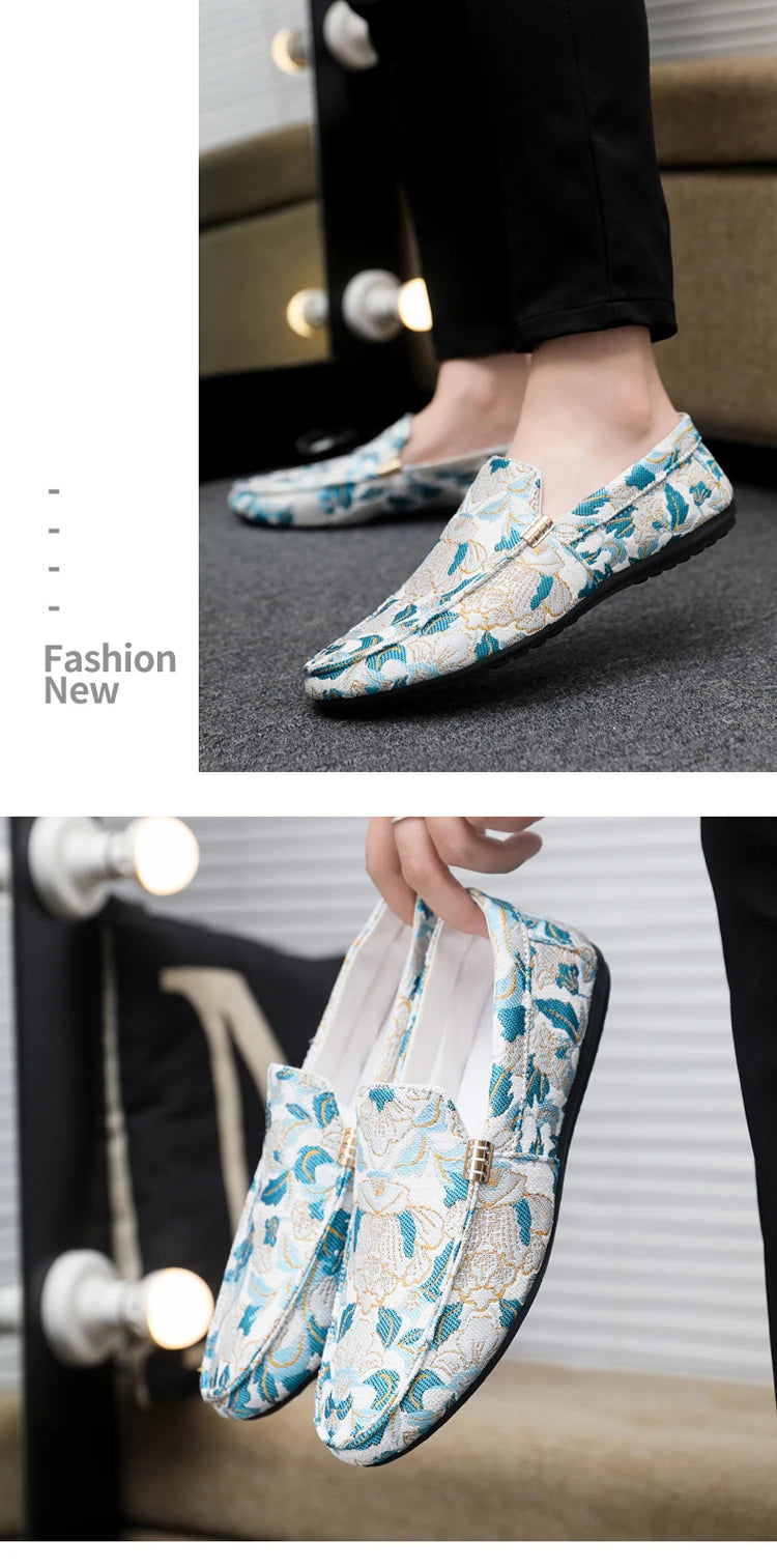 Zapatos Casuales Florales para Hombre | Estilo Mocasín Azul y Blanco