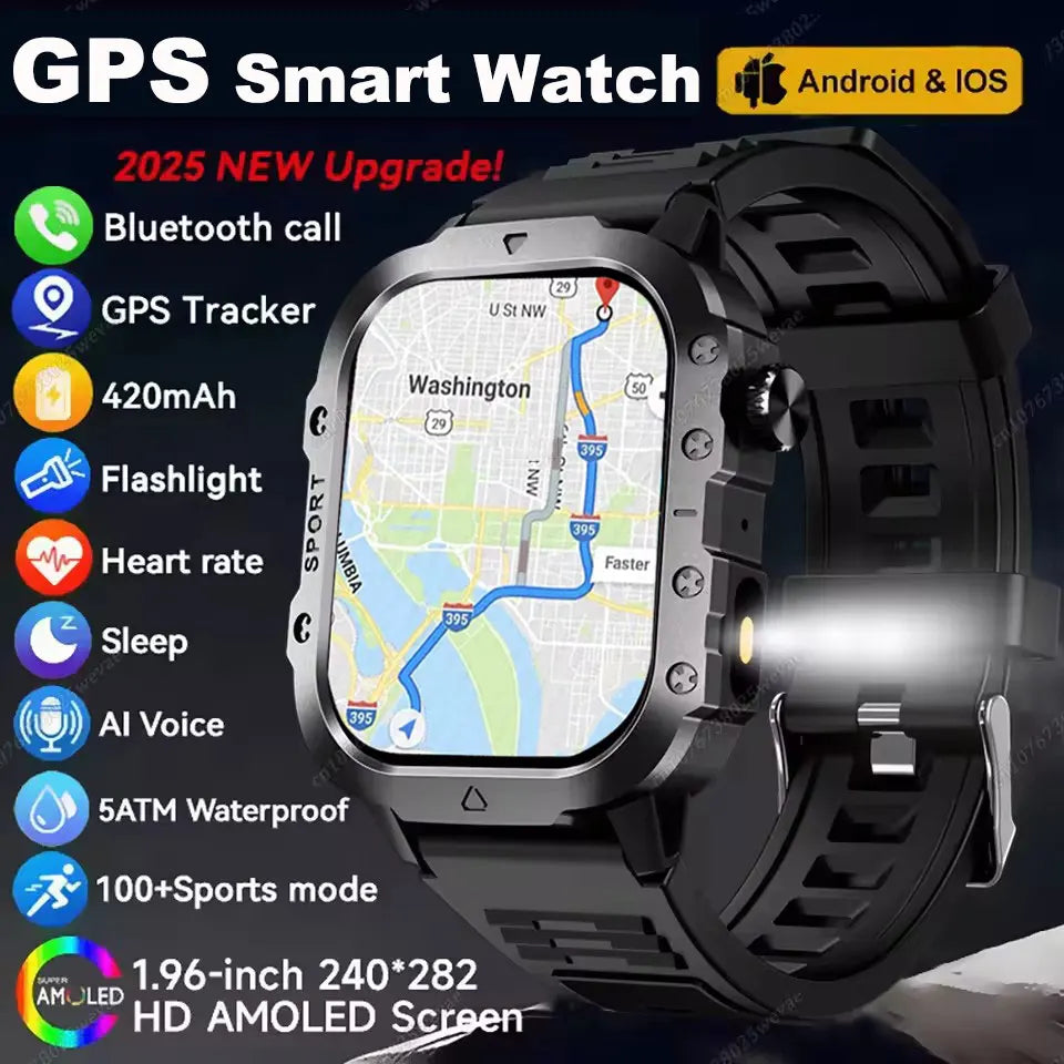 2025 nuevo reloj inteligente para hombres militar al aire libre GPS relojes deportivos ritmo cardíaco sueño impermeable reloj inteligente IOS Android