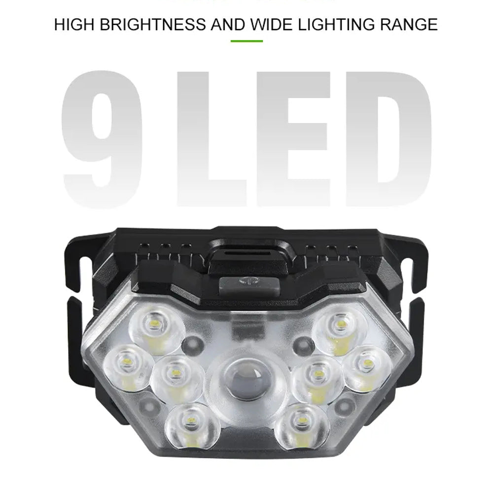 Linterna Frontal 9 LED Recargable USB con Sensor de Movimiento