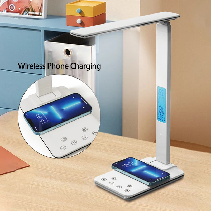 Lámpara de escritorio de lectura plegable, luz de escritorio enchufable USB, 15W, carga inalámbrica para teléfono móvil con tiempo, dormitorio, oficina, protección ocular
