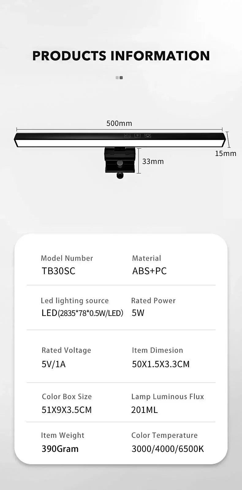 Lámpara LED de escritorio, barra de luz para Monitor, PC, ordenador, luz de pantalla regulable, 33cm, 50cm, oficina, estudio, lectura, lámpara de mesa colgante alimentada por USB