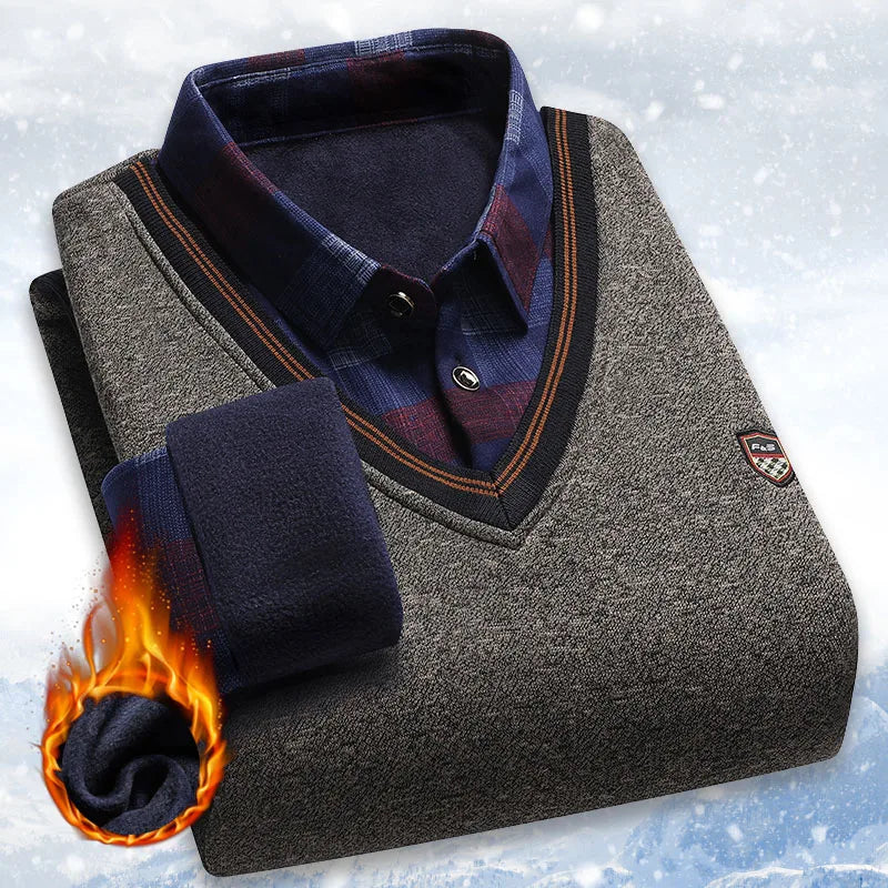Suéter de felpa para hombre, jersey falso de dos piezas para otoño e invierno, Polo con cuello de lana, Top grueso y cálido, jerséis informales