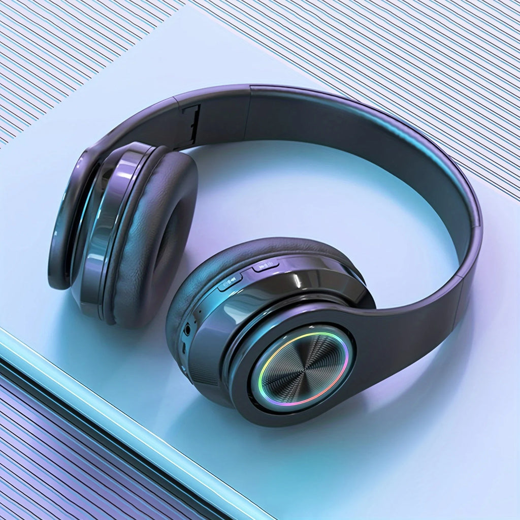 Auriculares inalámbricos sobre la oreja: cancelación activa de ruido, graves profundos, luz LED, diseño plegable portátil para música, deportes y juegos