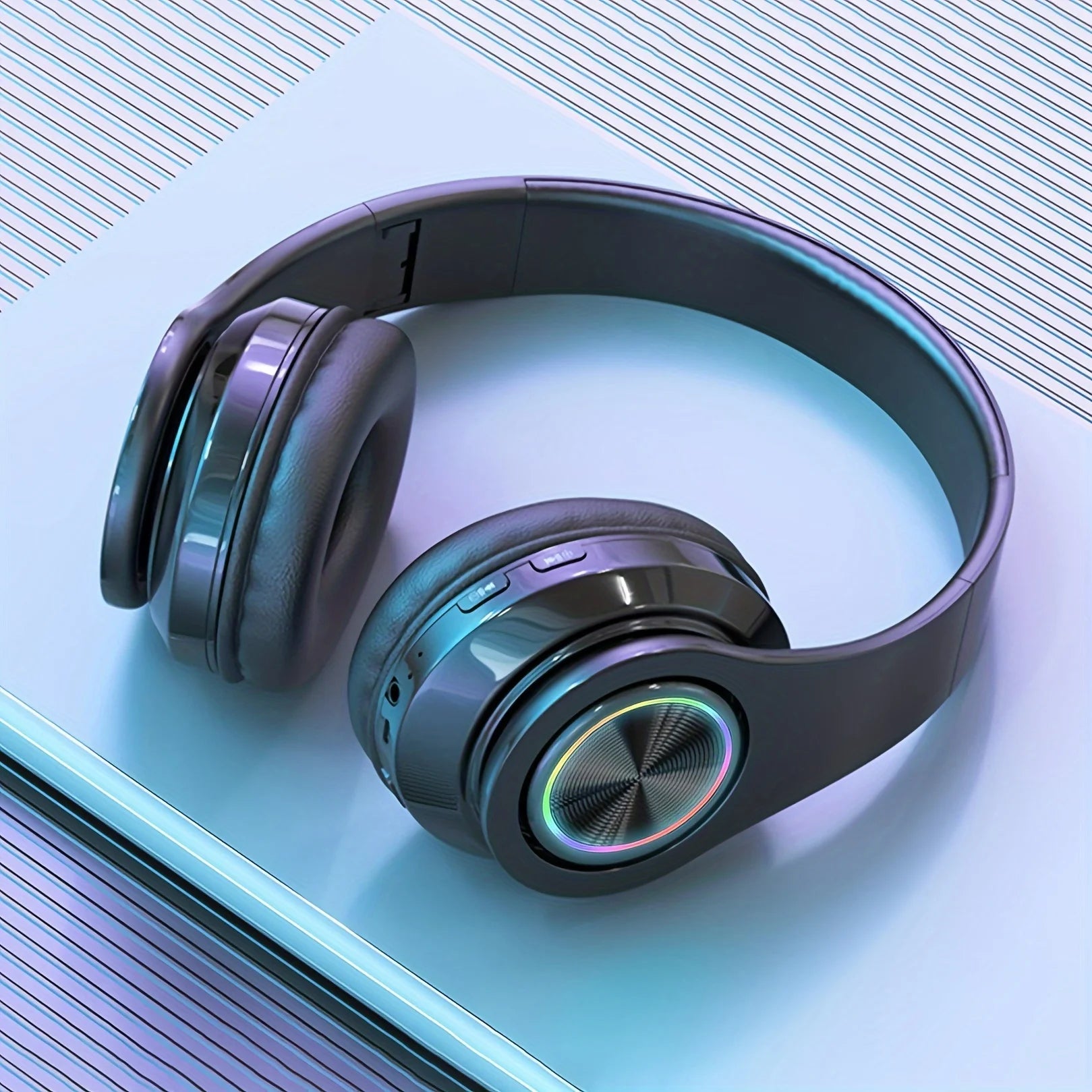 Auriculares inalámbricos sobre la oreja: cancelación activa de ruido, graves profundos, luz LED, diseño plegable portátil para música, deportes y juegos