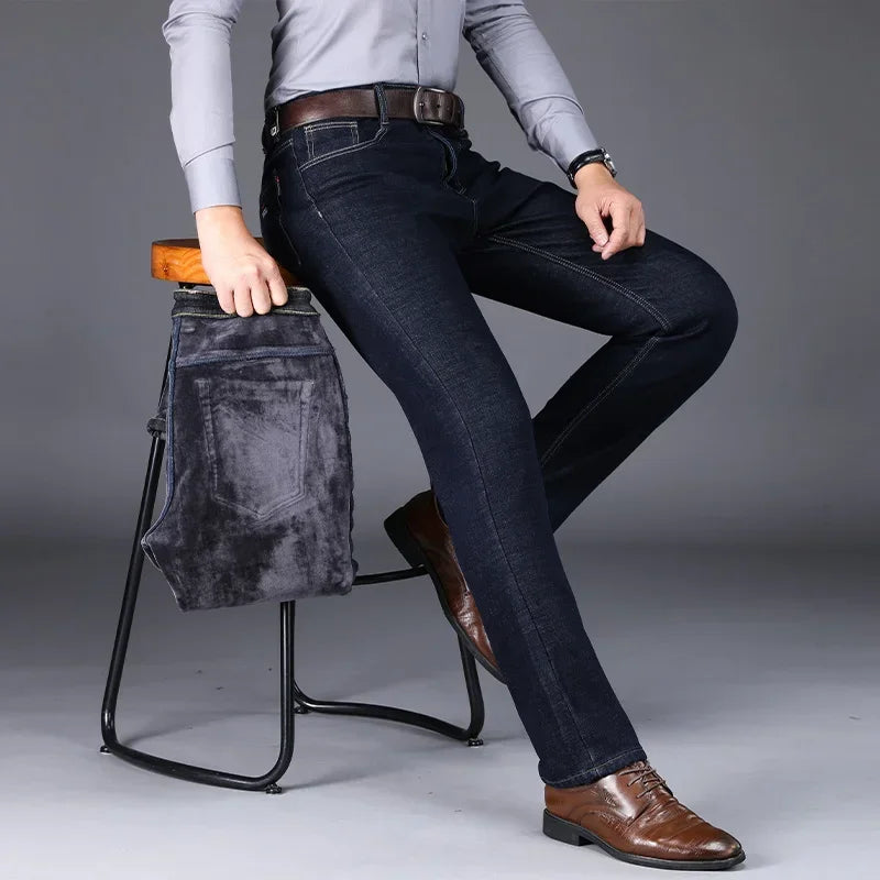 Pantalones Vaqueros de Lana Cálidos para Hombre, Gruesos, Negro y Azul