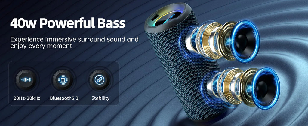 Altavoces Bluetooth Ortizan, altavoz estéreo inalámbrico portátil - IPX7 resistente al agua, sonido fuerte, graves profundos, luz LED, Bluetooth 5.3