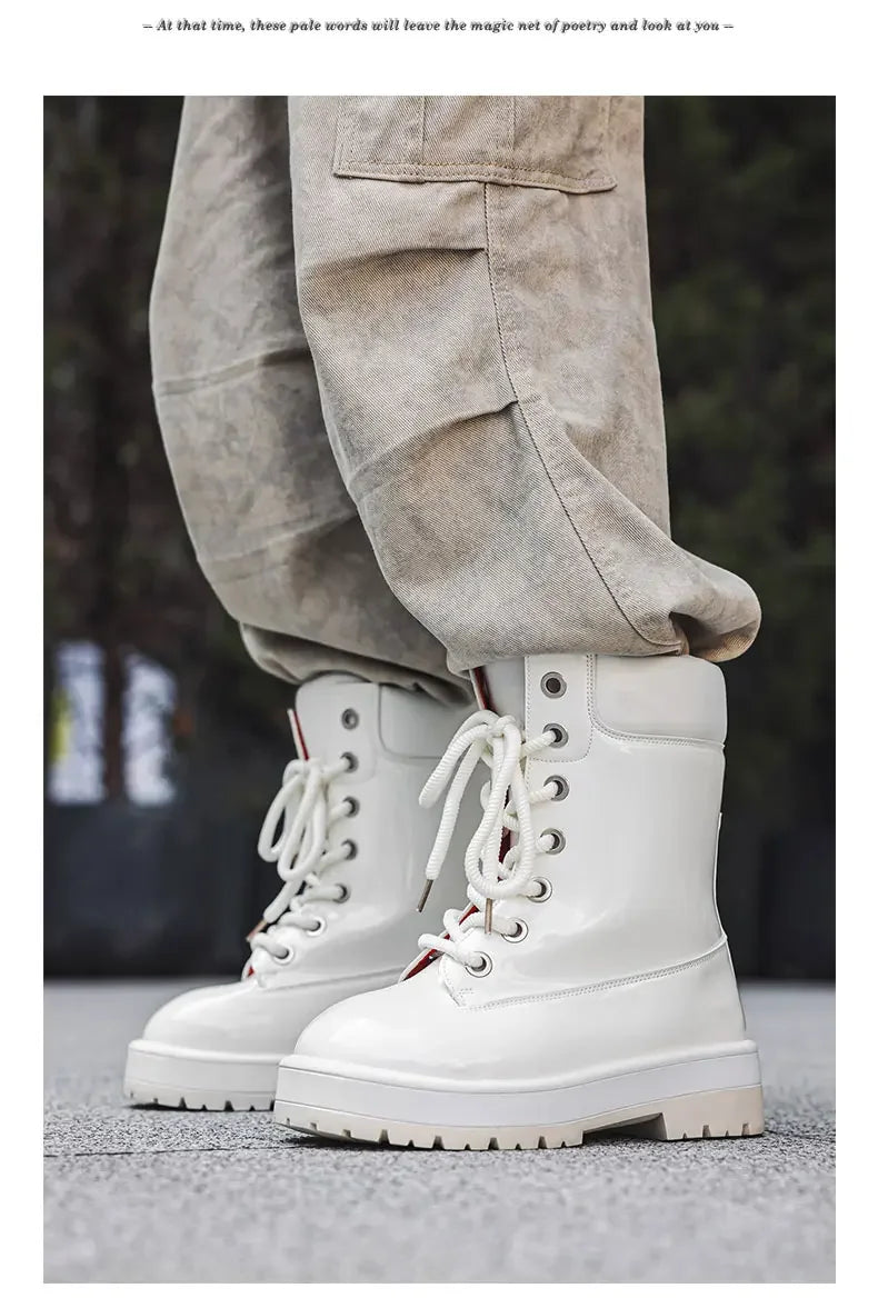 Botines de charol para hombre con cordones y suela gruesa antideslizante