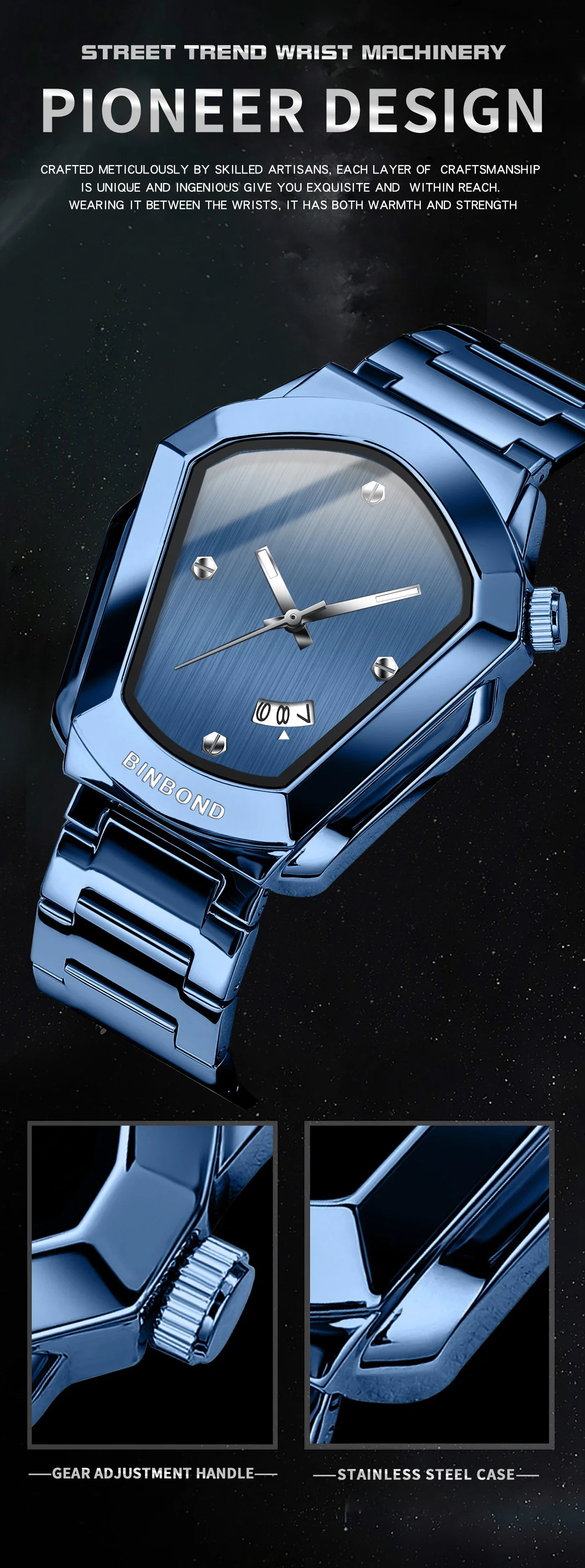 Reloj de Cuarzo BINBOND para Hombre, Lujo, Acero Inoxidable, Calendario