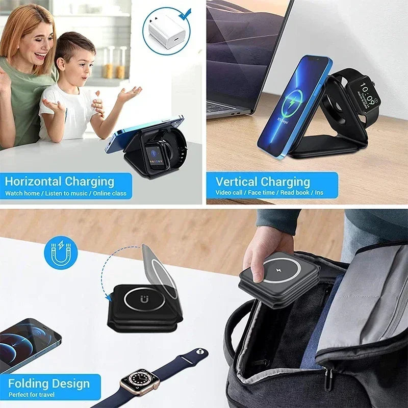 Cargador Inalámbrico Plegable 3 en 1 de Carga Rápida para Escritorio, Compatible con iPhone 17 16 15 14 13 Pro Max, iWatch 10 9 8 7 6, AirPods Pro 2