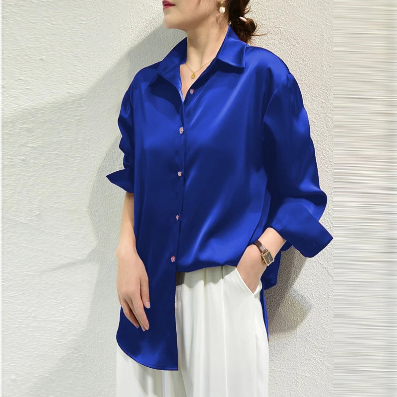 Camisa Satinada de Manga Larga para Mujer, Estilo Elegante