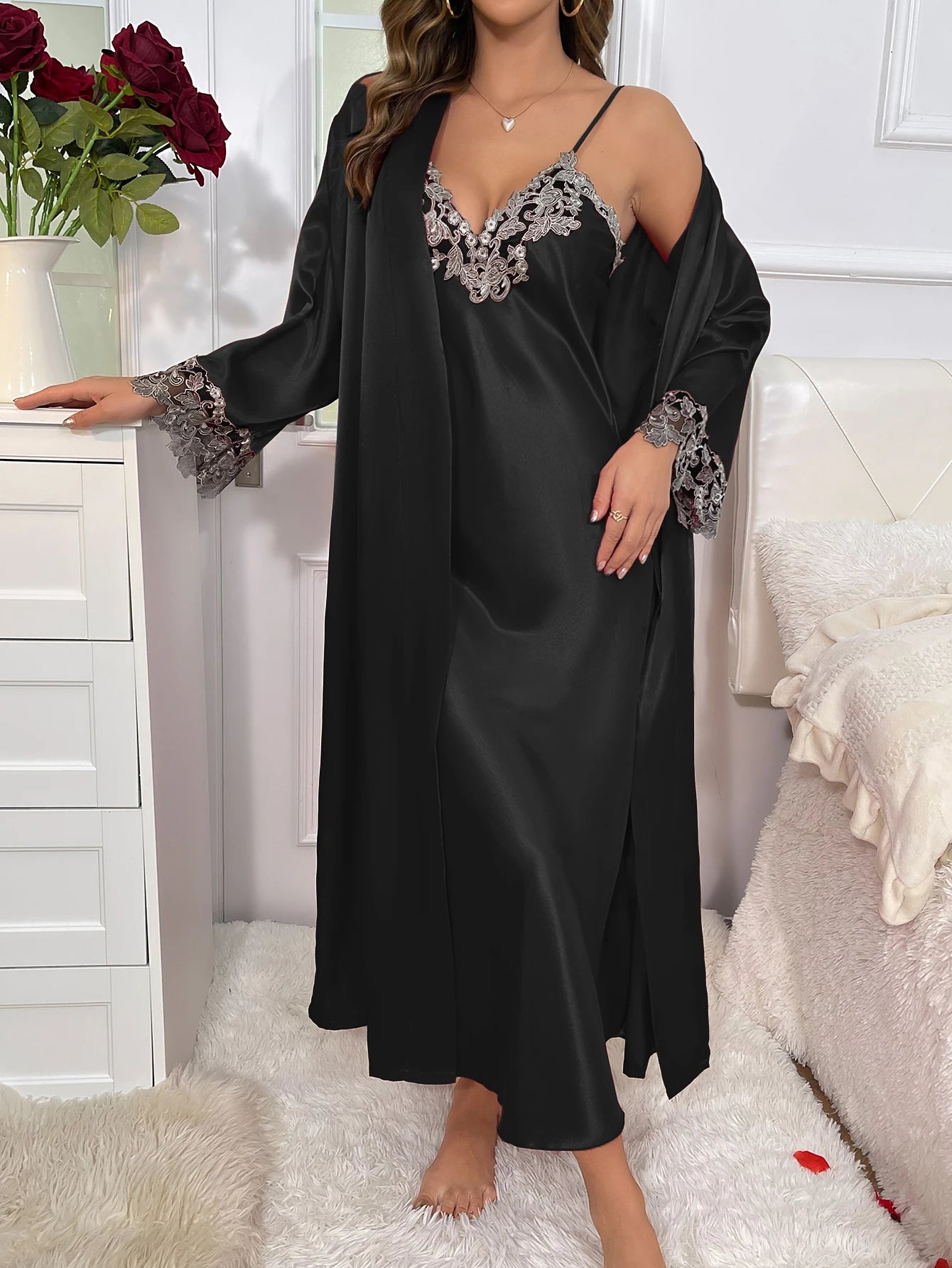 2cs Contraste de encaje de manga larga con cinturón bata con cuello en V vestido deslizante Sexy elegante conjuntos de pijamas para mujer
