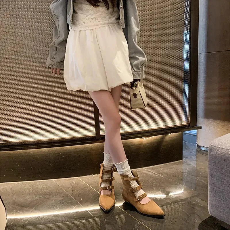 Botines de mujer en ante con hebillas y cremallera, estilo retro occidental