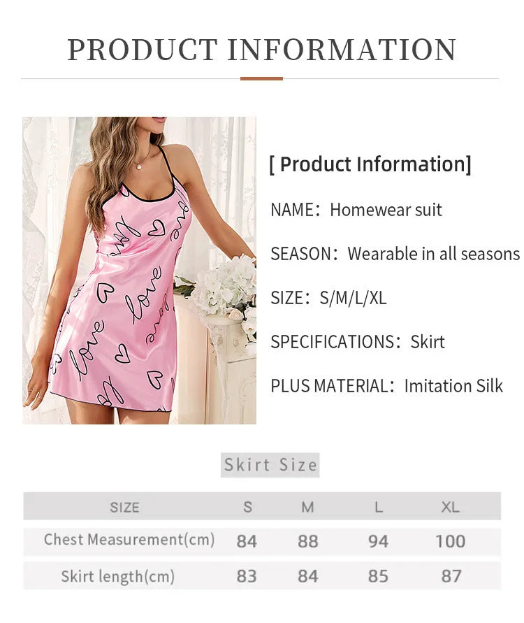 Camisón con estampado de corazón Vestido de dormir elegante con cuello redondo y espalda cruzada Ropa de dormir para mujer