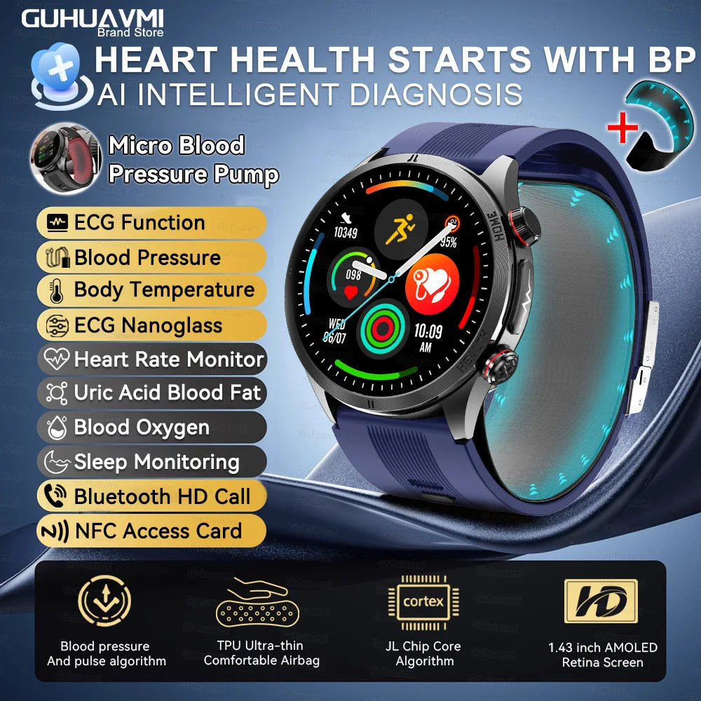 Reloj Inteligente con Airbag para Presión Arterial Precisa, ECG y NFC
