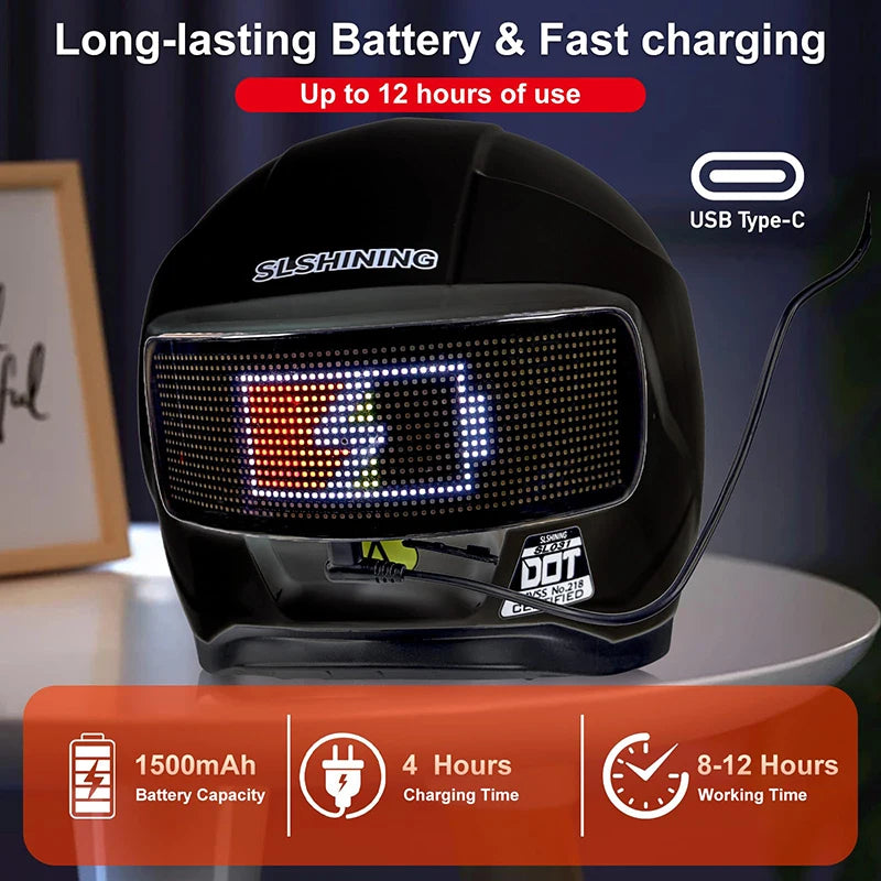 Cascos de Motocicleta SLSHINING con Pantalla LED, Luz Trasera Recargable con Control por Aplicación, para Hombres y Mujeres
