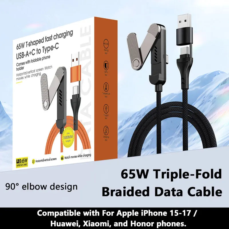 Cable de Carga Retráctil 3 en 1 de 65W con Soporte Plegable