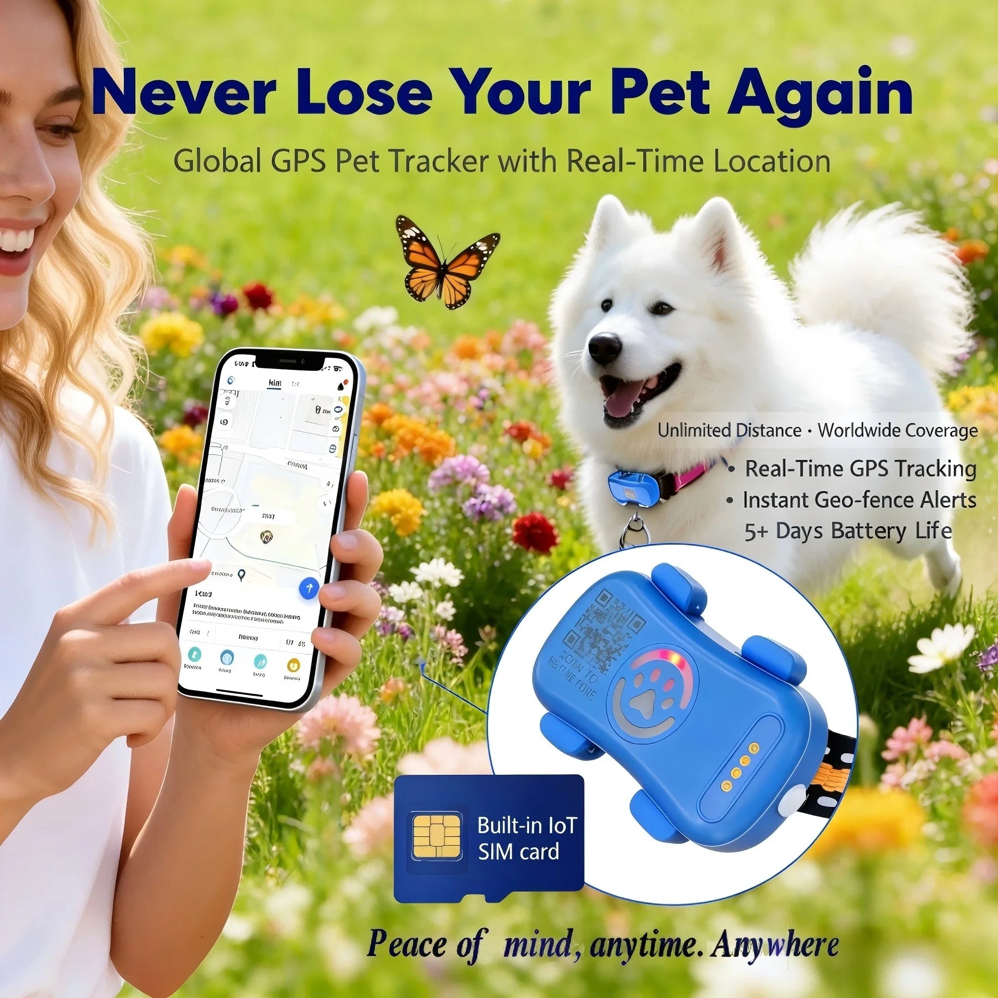 Rastreador GPS para Mascotas (Perros y Gatos) con IoT Integrado, SIM, WiFi, Seguimiento Ilimitado, Código QR, Localizador Antipérdida, Requiere Suscripción