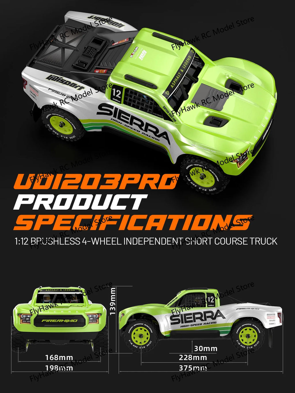UDIRC Coche de Carreras Todoterreno de Alta Velocidad a Escala 1/12 SIERRA UD1203PRO 4WD, Buggy RC sin Escobillas para Desierto, Modelo de Hobby con Control Remoto para Adultos