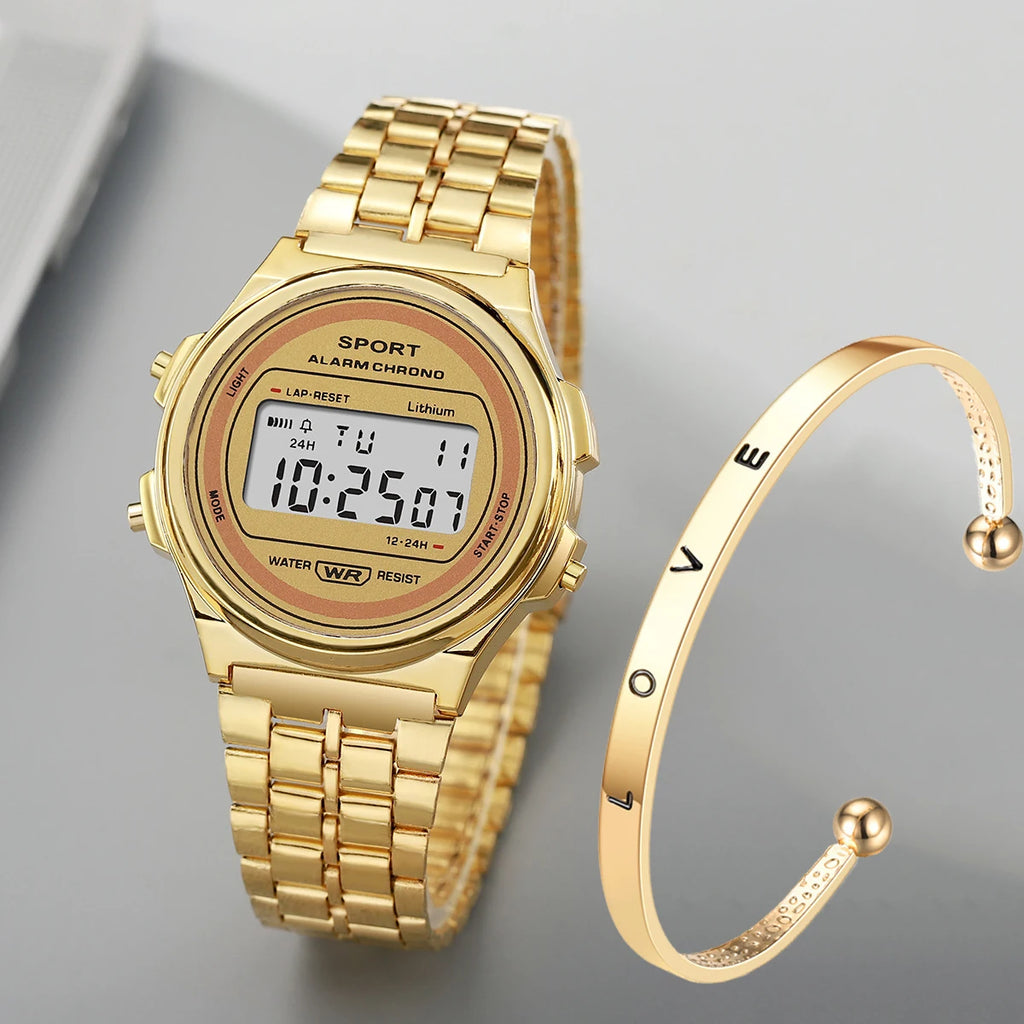Reloj electrónico LED informal para mujer, correa Retro de acero inoxidable, reloj Digital LED para mujer, reloj de pulsera deportivo multifunción