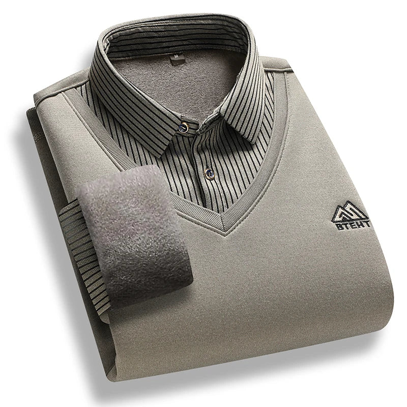 Suéter forrado de lana para hombre, jersey con cuello tipo Polo, Tops falsos de dos piezas, jerséis informales de negocios a la moda, ropa gruesa de invierno