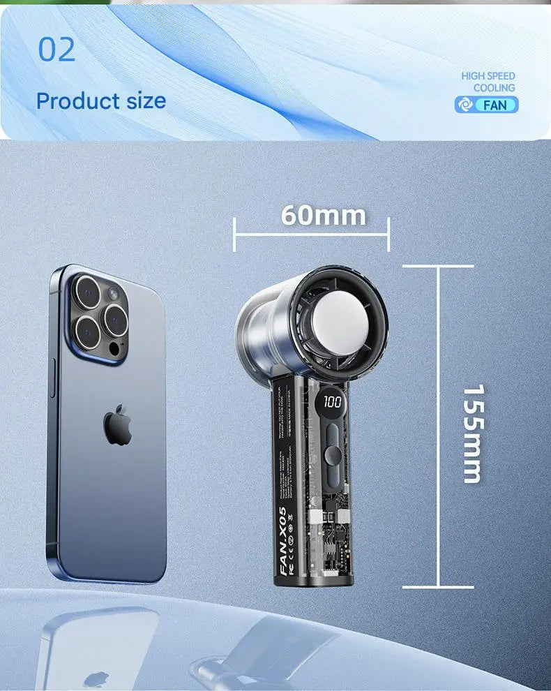 Ventilador de mano de alta velocidad, carga USB, pantalla digital inteligente, refrigeración, mecha transparente, ventilador pequeño turbo para exteriores