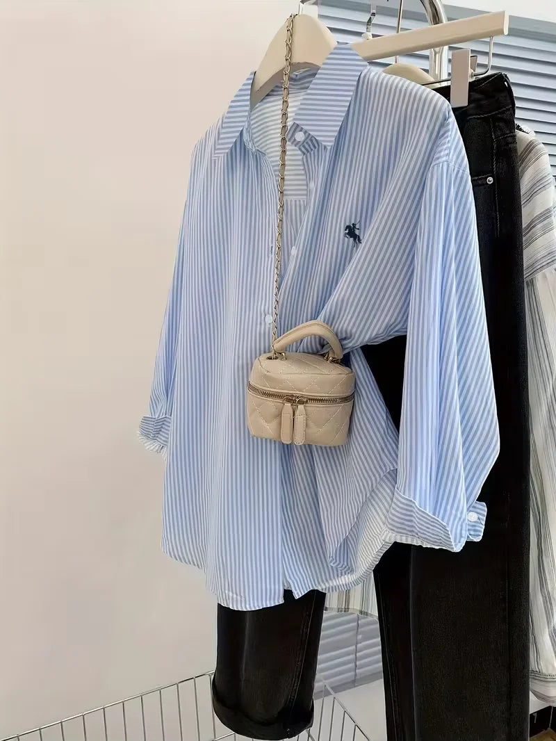 Blusa de Manga Larga con Botones y Estampado a Rayas