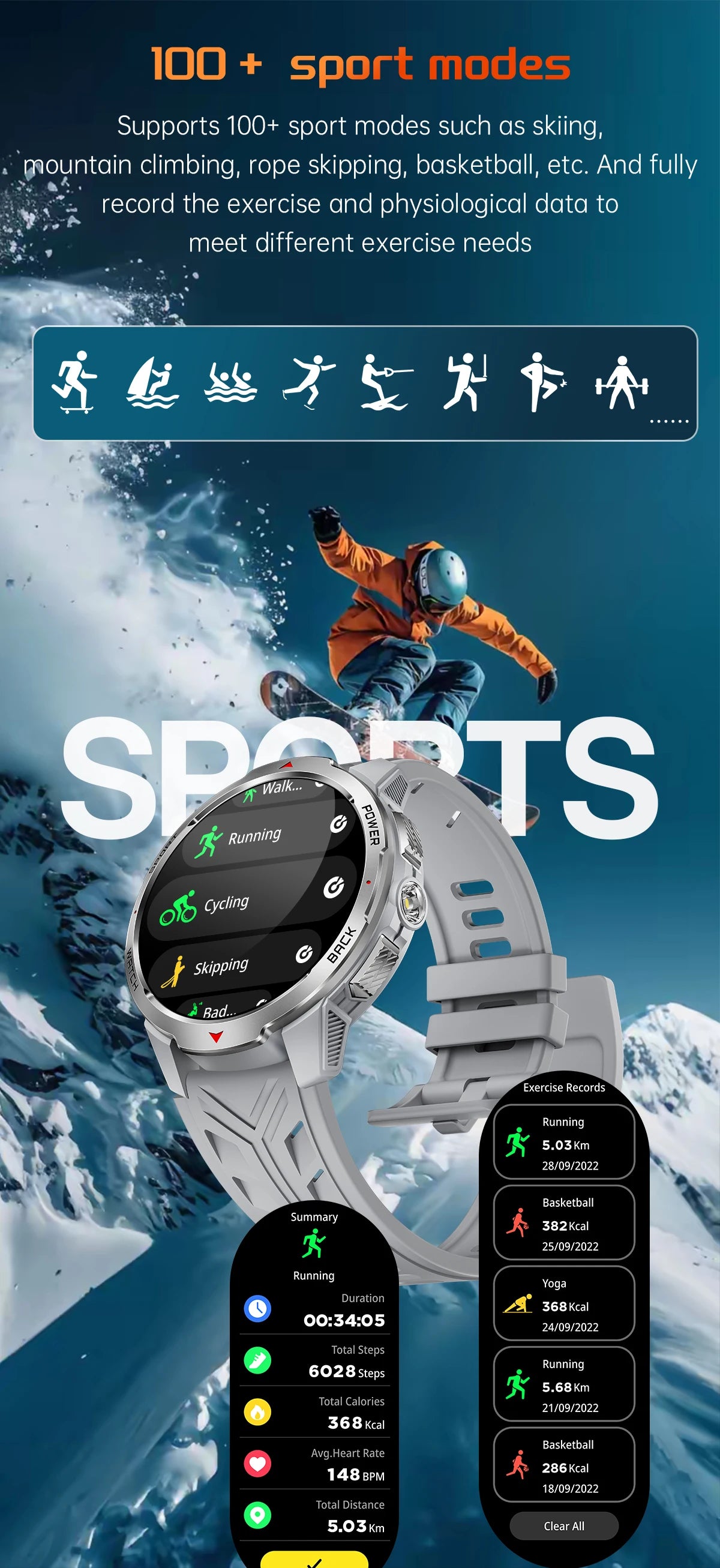 Reloj Inteligente KT88 Brújula Linterna 1100mAh