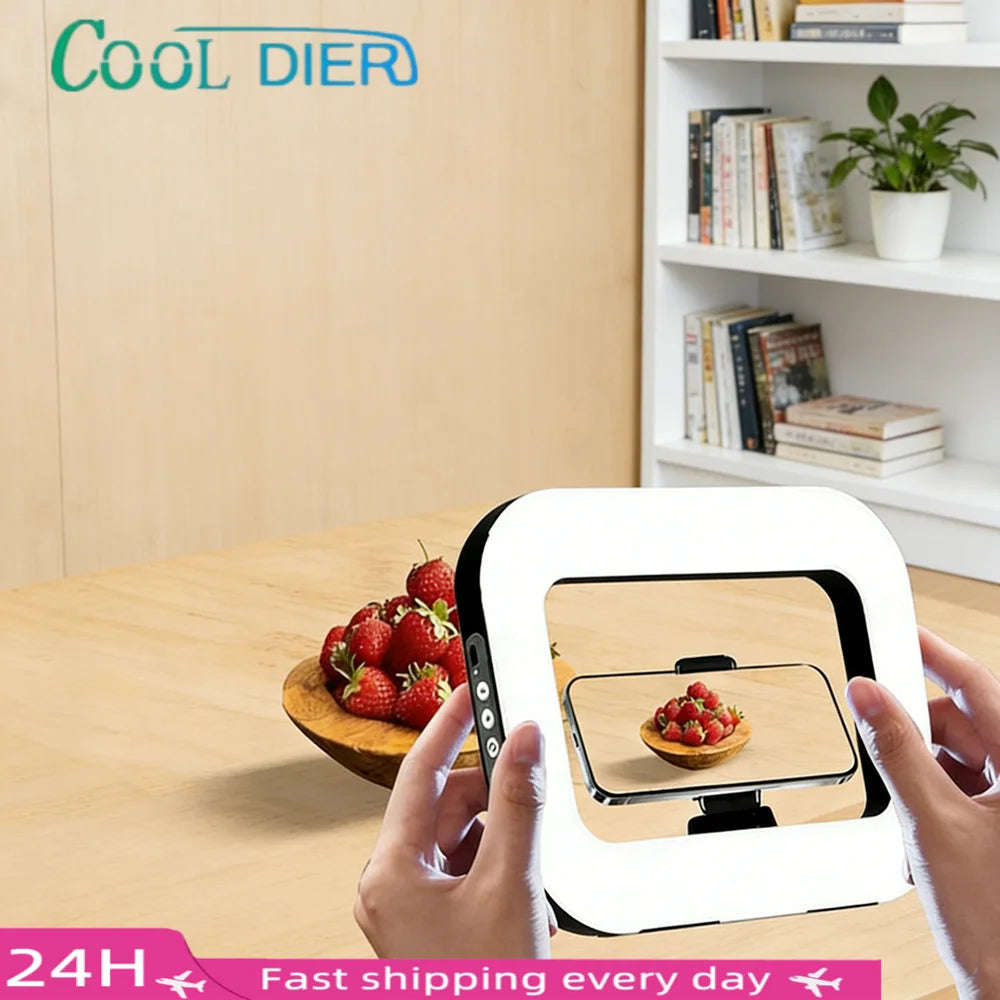 Luz de relleno para selfies, iluminación fotográfica LED cuadrada para grabación de video, transmisión en vivo, luz de relleno móvil con clip.
