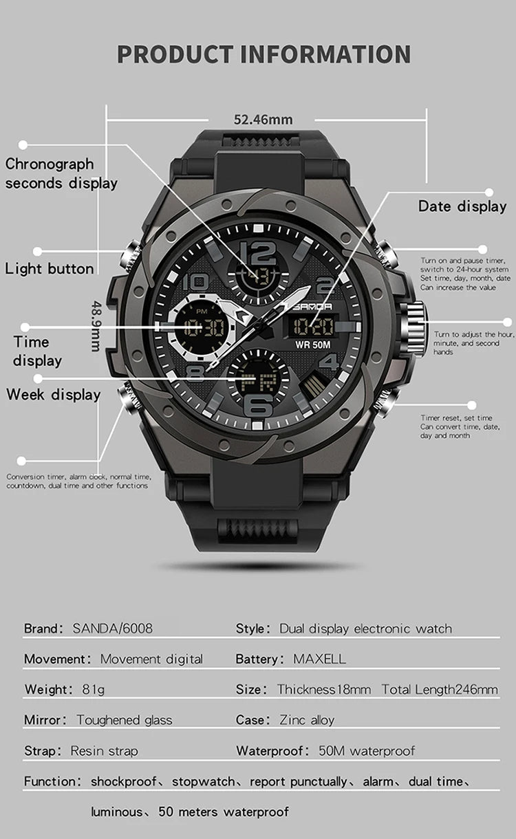 Reloj Militar SANDA Digital LED Doble Pantalla para Hombre